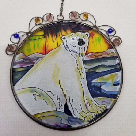 Polar Bear Stained Glass Window Catcher Home Decor Beaded Winter Scene - Picture 4 of 5